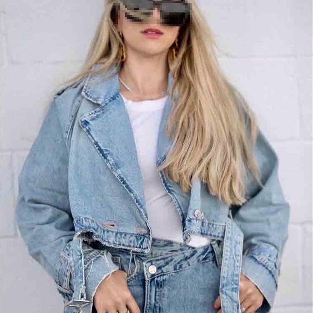 Indefeir Cropped Denim Moto Jacket Light Wash Belted Raw Hem Blue Womens Size S - Picture 8 of 10